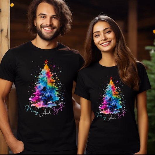Vrolijk en helder neon Waterverf kerstboom T-shirt
