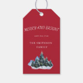 Vrolijk en helder, Pine Trees Rode Vakantie Cadeaulabel (Voorkant)