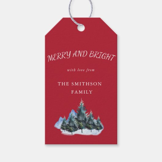 Vrolijk en helder, Pine Trees Rode Vakantie Cadeaulabel (Voorkant)