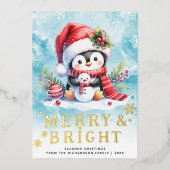 Vrolijk en helder Pinguïn Blauw Rood Goud Kerstmis Folie Feestdagenkaart (Voorkant)