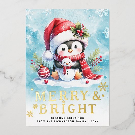 Vrolijk en helder Pinguïn Blauw Rood Goud Kerstmis Folie Feestdagenkaart (Voorkant)