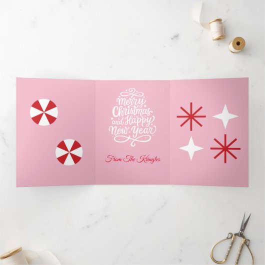 Vrolijk en helder retro persoonlijk gekleurd drieluik wenskaart (Binnen)