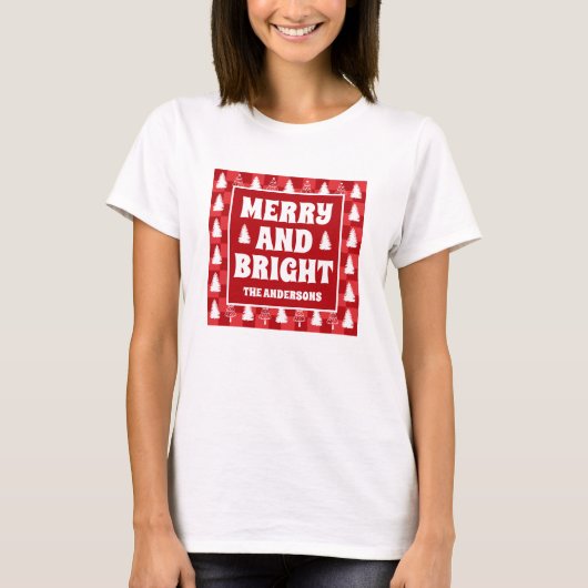 Vrolijk en helder Retro Rood Schaakbord Kerstmis T-shirt (Voorkant)