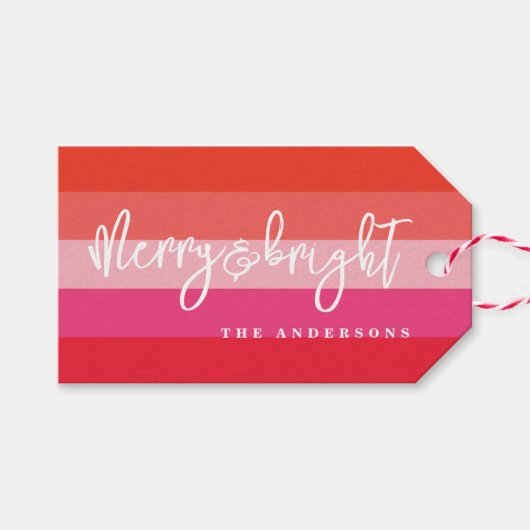 Vrolijk en helder rode strepen kerstvakantie cadeaulabel (Voorkant (Horizontaal))