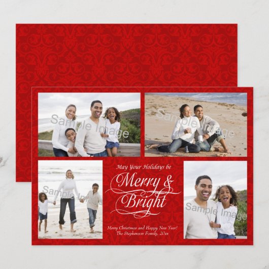 Vrolijk en Helder, Rood Damast Feestdagenkaart (Voorkant / Achterkant)