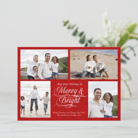 Vrolijk en Helder, Rood Damast Feestdagenkaart (Staand voorkant)