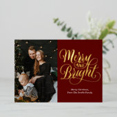 Vrolijk en helder rood goud kalligrafie foto folie feestdagenkaart (Staand Voorkant)