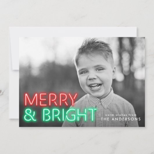 Vrolijk en helder rood & groen neon foto feestdagenkaart (Voorkant)