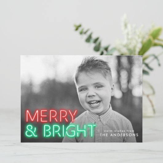 Vrolijk en helder rood & groen neon foto feestdagenkaart (Staand voorkant)