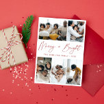Vrolijk en helder rood kalligrafie kerstfoto feestdagenkaart<br><div class="desc">Groet uw vrienden en geliefden met een van een soort foto wenskaarten dit Kerstmis en vakantie seizoen. Met vijf prachtige foto's van uw familie en een eenvoudig casual script kalligrafie citaat gezegde "Merry   Bright".</div>