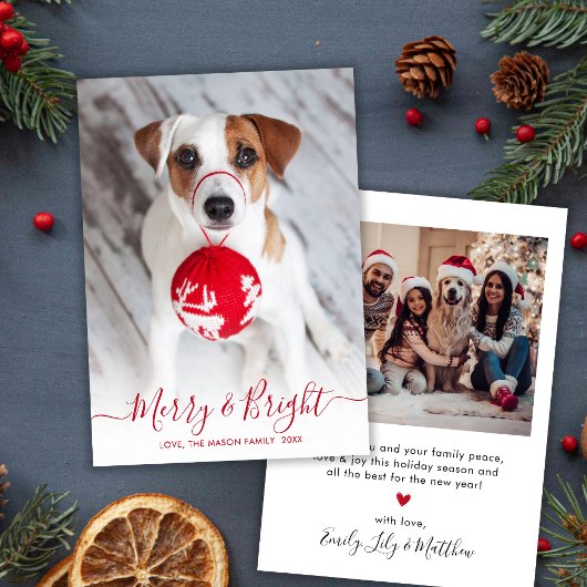 Vrolijk en helder rood script 2 foto kerst feestdagenkaart