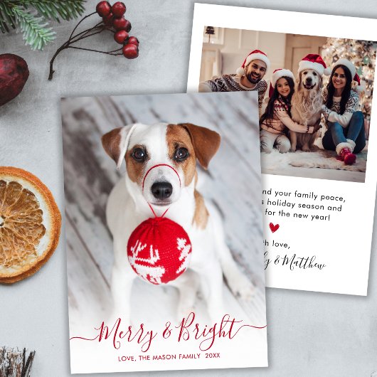 Vrolijk en helder rood script 2 foto kerst feestdagenkaart