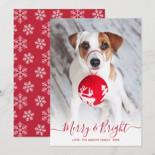 Vrolijk en helder rood script één foto kerst feestdagenkaart (Voorkant / Achterkant)