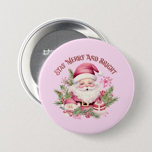 Vrolijk en helder - Roze Kerstman Ronde Button 7,6 Cm (Voorkant /achterkant)