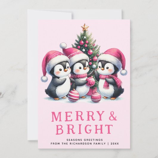 Vrolijk en helder roze kerstpinguïn feestdagenkaart (Voorkant)