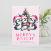 Vrolijk en helder roze kerstpinguïn feestdagenkaart (Staand voorkant)