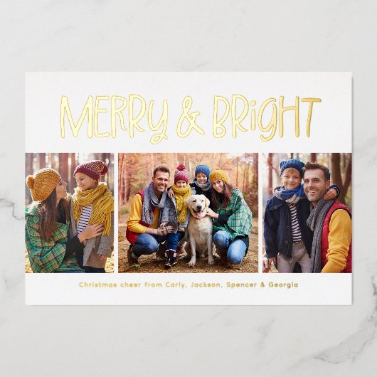 Vrolijk en helder schattig leuk gouden kerst 3 fot folie feestdagenkaart (Voorkant)