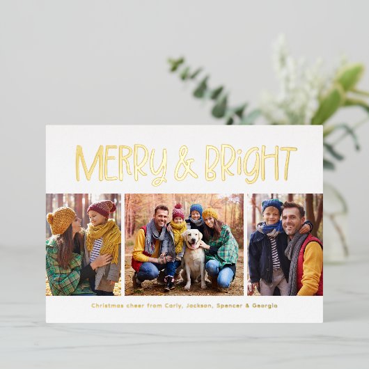 Vrolijk en helder schattig leuk gouden kerst 3 fot folie feestdagenkaart (Staand Voorkant)