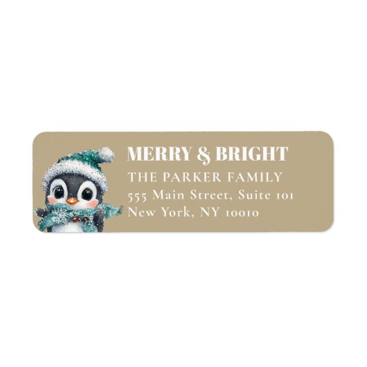 VROLIJK EN HELDER! Schattig, pinguïn met kerstmuts Etiket (Voorkant)