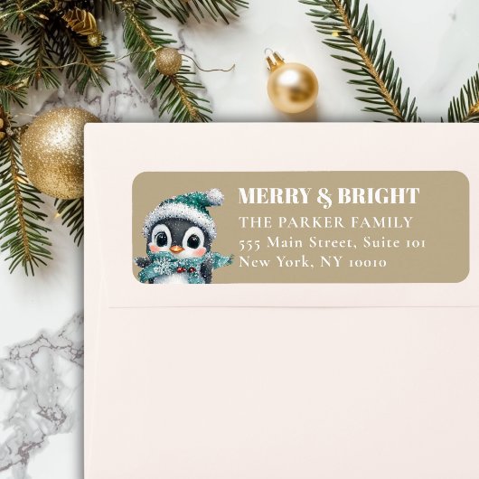 VROLIJK EN HELDER! Schattig, pinguïn met kerstmuts Etiket