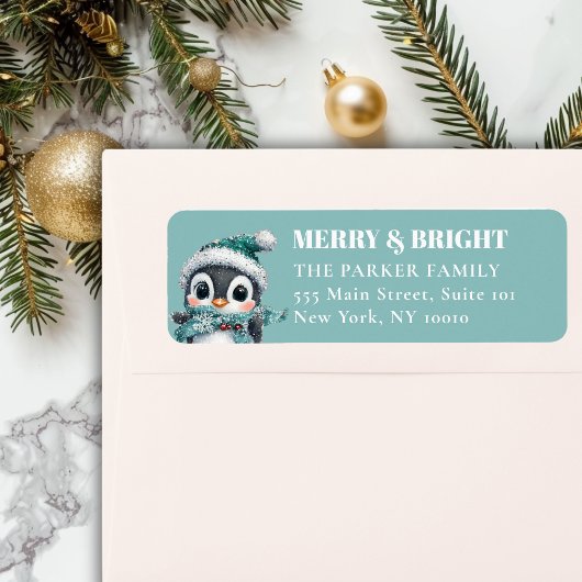 VROLIJK EN HELDER! Schattig, pinguïn met kerstmuts Etiket