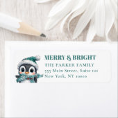 VROLIJK EN HELDER! Schattig, pinguïn met kerstmuts Etiket (Insitu)