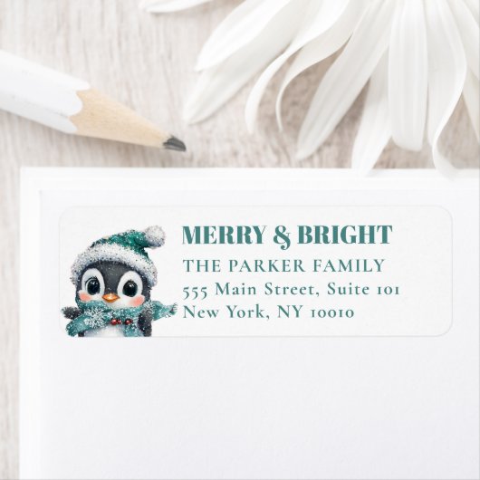 VROLIJK EN HELDER! Schattig, pinguïn met kerstmuts Etiket (Insitu)