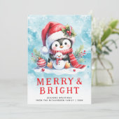 Vrolijk en helder Schattige Pinguïn Blauw Rood Ker Feestdagenkaart (Staand voorkant)