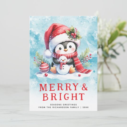Vrolijk en helder Schattige Pinguïn Blauw Rood Ker Feestdagenkaart (Staand voorkant)