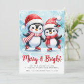 Vrolijk en helder Schattige Pinguïn Blauw Rood Ker Feestdagenkaart (Staand voorkant)