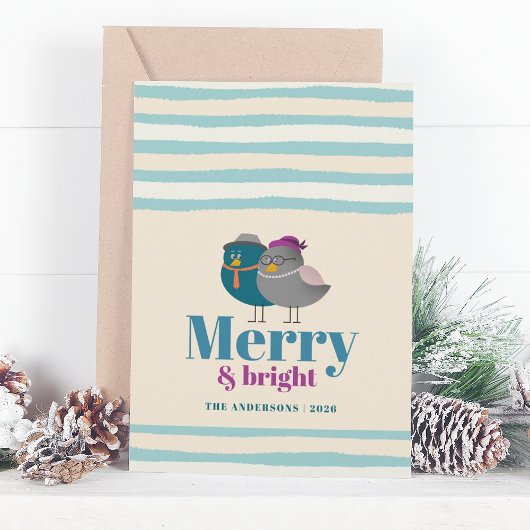 Vrolijk en helder Schattigee wintervogels kerst Feestdagenkaart