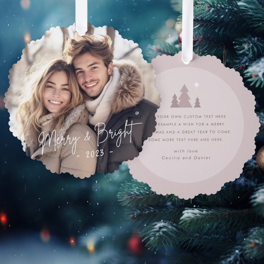 Vrolijk en helder script foto licht roos taupe ornament kaart