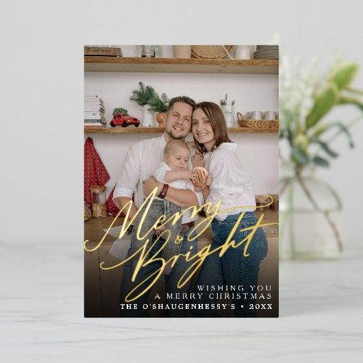 Vrolijk en helder script Kerstfoto Folie Feestdagenkaart (Staand Voorkant)