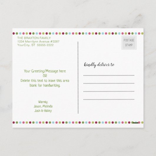 Vrolijk en helder, twee foto's, multi-kleur feestdagenkaart (Achterkant)