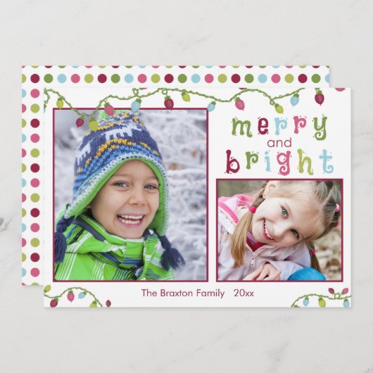 Vrolijk en helder, twee foto's, roze accent feestdagenkaart (Voorkant / Achterkant)