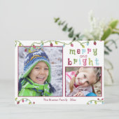 Vrolijk en helder, twee foto's, roze accent feestdagenkaart (Staand voorkant)