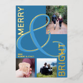 Vrolijk en helder typografie 3 foto blauw goud folie feestdagenkaart (Voorkant)