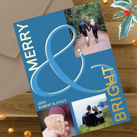 Vrolijk en helder typografie 3 foto blauw goud folie feestdagenkaart