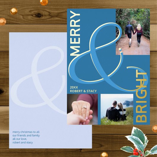 Vrolijk en helder typografie 3 foto blauw goud folie feestdagenkaart