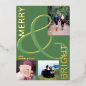 Vrolijk en helder typografie 3 foto groen goud folie feestdagenkaart (Voorkant)