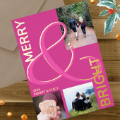 Vrolijk en helder typografie 3 foto roze goud folie feestdagenkaart