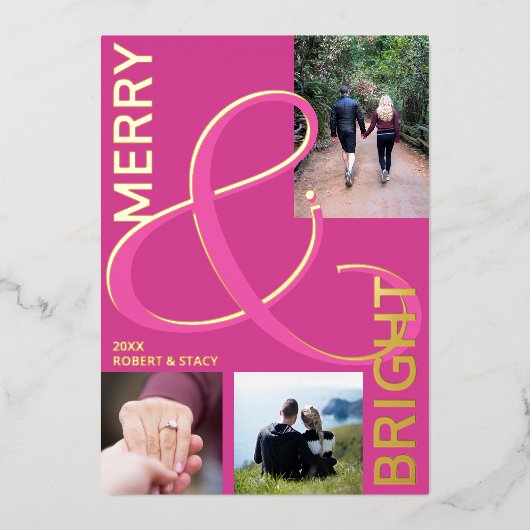 Vrolijk en helder typografie 3 foto roze goud folie feestdagenkaart (Voorkant)
