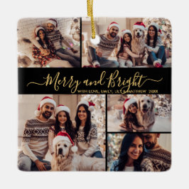 Vrolijk en helder zwart goud 5 foto kerst keramisch ornament