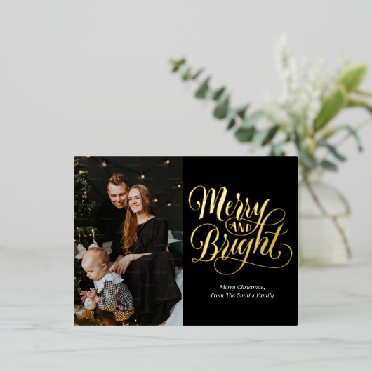 Vrolijk en helder zwart goud kalligrafie foto folie feestdagen briefkaart (Staand Voorkant)
