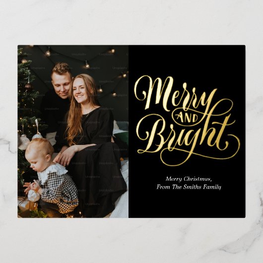 Vrolijk en helder zwart goud kalligrafie foto folie feestdagen briefkaart (Voorkant)