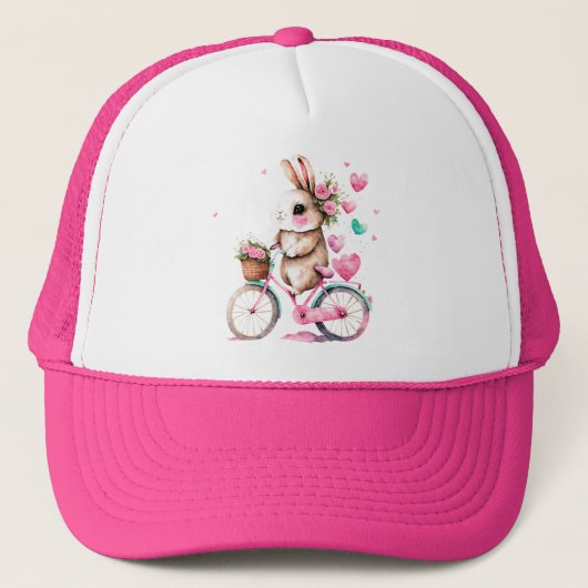 Vrolijk en romantisch konijntje op de fiets trucker pet (Voorkant)