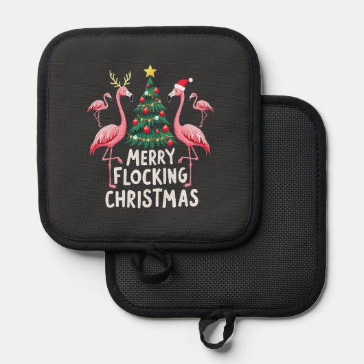 Vrolijk Flocking Kerstmis Kerstmis Flamingo Tree Pannenlap (Voorkant / Achterkant)