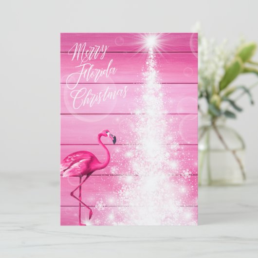 Vrolijk Florida Kerst Roze Flamingo Witte Boom Feestdagenkaart (Staand voorkant)