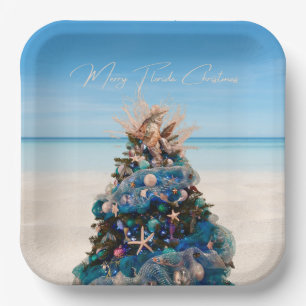 Vrolijk Florida Kerst Tropische Strand en Boom Papieren Bordje