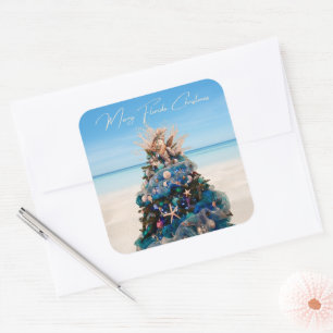 Vrolijk Florida Kerst Tropische Strand en Boom Vierkante Sticker